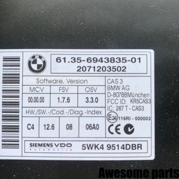 BMW 528i E60 cas 컨트롤 모듈 6943835 9147187